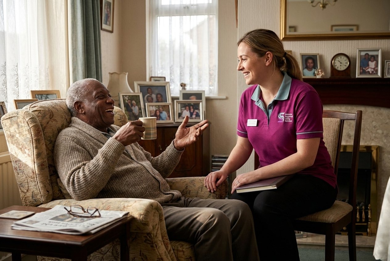 Safeside carer sharing a laugh with an older man during a home care visit in Essex